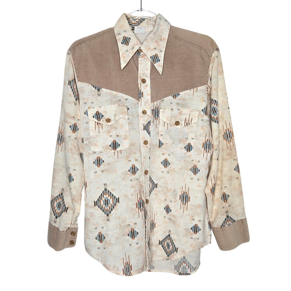 VINTAGE Lazy H Cream Corduroy Aztec Long Sleeve Button Down Shirt Mens SZ MD